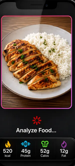 NextRep on iPhone: the AI scan analyzes a photo of chicken with rice – 520 kcal, 45 g protein, 52 g carbs, 12 g fat.