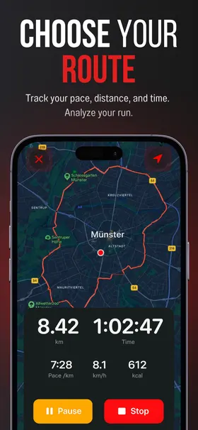 App Store screenshot “Choose your route”: a run on the map with distance, time and pace