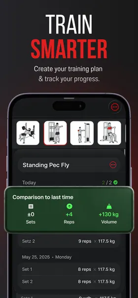 App Store screenshot “Train smarter”: an exercise with sets and the comparison to the last workout