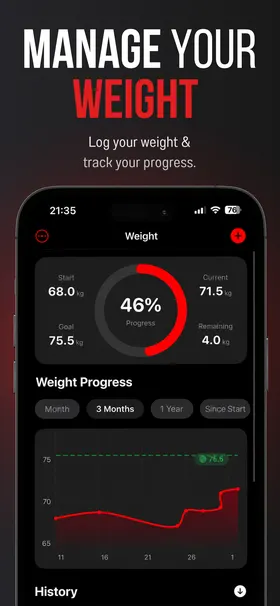 App Store screenshot “Manage your weight”: progress ring towards the goal weight and weight chart